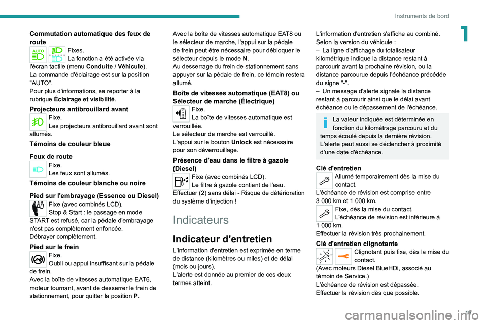 PEUGEOT 2008 2021 Manuel du propriétaire (in French) 19
Instruments de bord
1Commutation automatique des feux de
route
Fixes.
La fonction a été activée via
l'écran tactile (menu Conduite
/ Véhicule).
La commande d'éclairage est sur l PEUGEOT 2008 2021 Manuel du propriétaire (in French) 19
Instruments de bord
1Commutation automatique des feux de
route
Fixes.
La fonction a été activée via
l'écran tactile (menu Conduite
/ Véhicule).
La commande d'éclairage est sur l