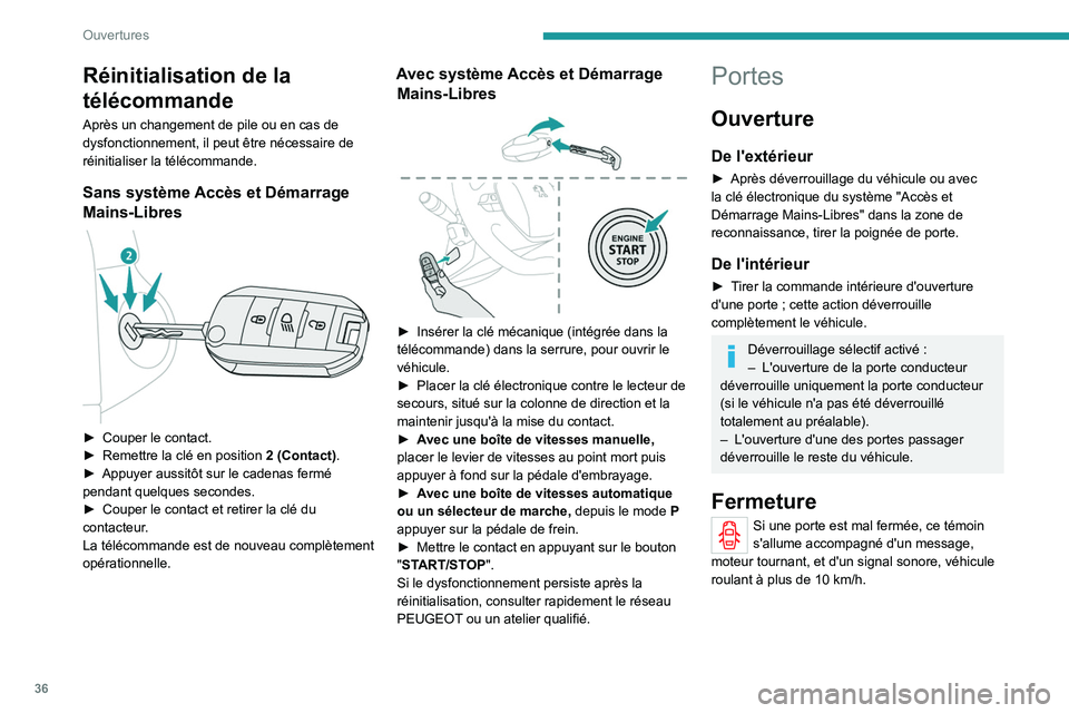 PEUGEOT 2008 2021  Manuel du propriétaire (in French) 36
Ouvertures
Réinitialisation de la 
télécommande
Après un changement de pile ou en cas de 
dysfonctionnement, il peut être nécessaire de 
réinitialiser la télécommande.
Sans système Accès