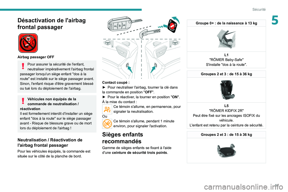 PEUGEOT 2008 2021  Manuel du propriétaire (in French) 81
Sécurité
5Désactivation de l'airbag 
frontal passager
 
 
Airbag passager OFF
Pour assurer la sécurité de l'enfant, 
neutraliser impérativement l'airbag frontal 
passager lorsqu&#