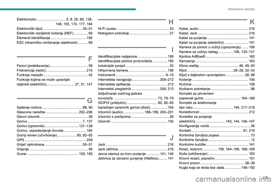 PEUGEOT 2008 2021  Upute Za Rukovanje (in Croatian) 229
Abecedno kazalo
Elektromotor    5, 8, 26, 90, 138,  
148, 155, 174, 177, 184
Elektronički ključ
    
30–31
Elektronički razdjelnik kočenja (REF)
    
69
Elementi identifikacije
    
185
ESC 