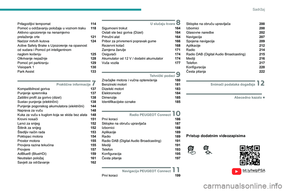 PEUGEOT 2008 2021 Upute Za Rukovanje (in Croatian) 3
Sadržaj
Prilagodljivi tempomat 11 4
Pomoć u održavanju položaja u voznom traku 11 8
Aktivno upozorenje na nenamjerno
prelaženje crte
121
Nadzor mrtvih kutova 124
Active Sa PEUGEOT 2008 2021 Upute Za Rukovanje (in Croatian) 3
Sadržaj
Prilagodljivi tempomat 11 4
Pomoć u održavanju položaja u voznom traku 11 8
Aktivno upozorenje na nenamjerno
prelaženje crte
121
Nadzor mrtvih kutova 124
Active Sa