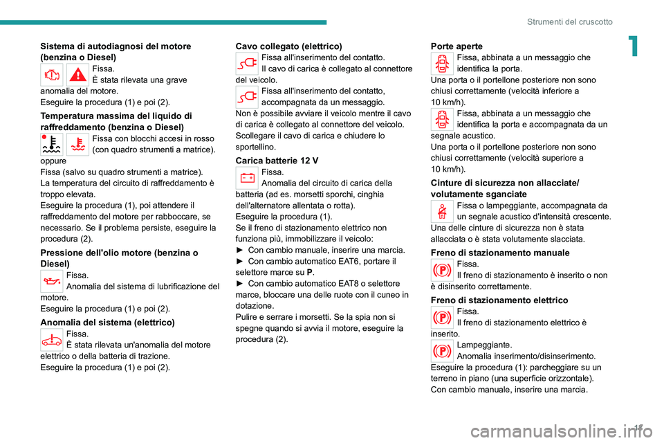 PEUGEOT 2008 2021  Manuale duso (in Italian) 13
Strumenti del cruscotto
1Sistema di autodiagnosi del motore 
(benzina o Diesel)
Fissa.
È stata rilevata una grave 
anomalia del motore.
Eseguire la procedura (1) e poi (2).
Temperatura massima del