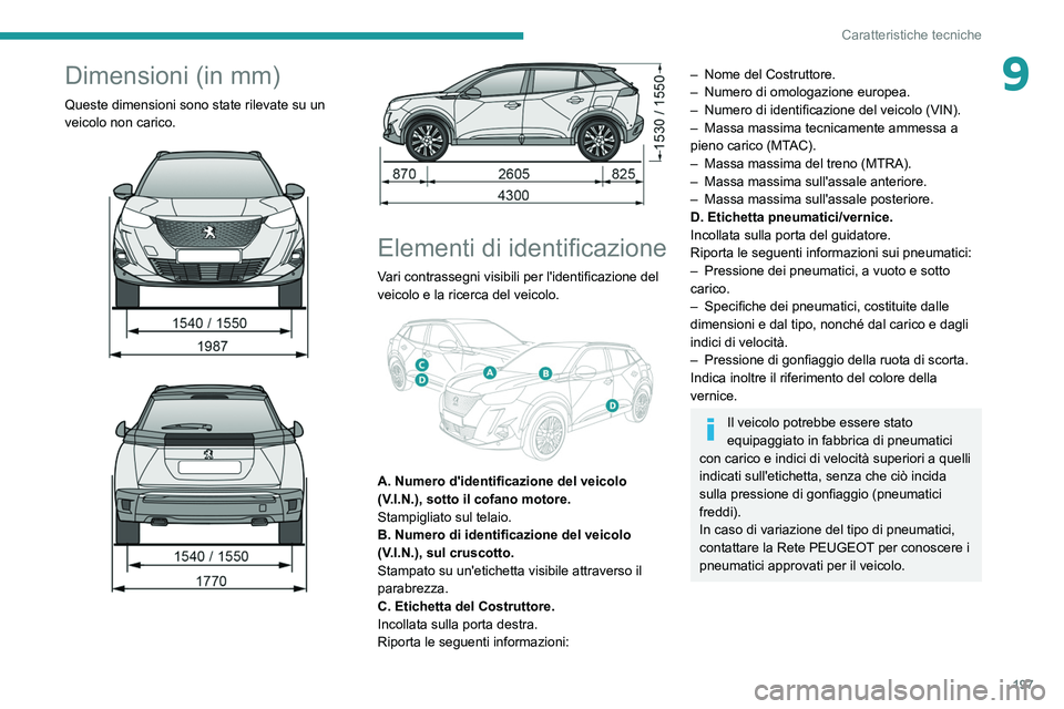 PEUGEOT 2008 2021 Manuale duso (in Italian) 197
Caratteristiche tecniche
9Dimensioni (in mm)
Queste dimensioni sono state rilevate su un
veicolo non carico.
Elementi di identificazione
Vari contrassegni visibili per l'identifi PEUGEOT 2008 2021 Manuale duso (in Italian) 197
Caratteristiche tecniche
9Dimensioni (in mm)
Queste dimensioni sono state rilevate su un
veicolo non carico.
Elementi di identificazione
Vari contrassegni visibili per l'identifi