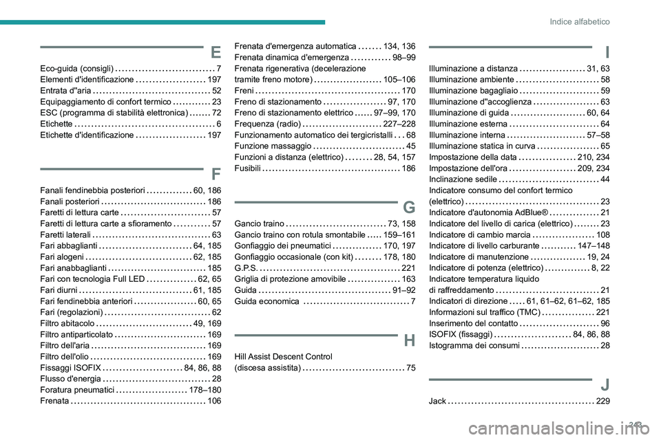 PEUGEOT 2008 2021  Manuale duso (in Italian) 243
Indice alfabetico
E
Eco-guida (consigli)     7
Elementi d'identificazione     
197
Entrata d''aria
    
52
Equipaggiamento di confort termico
    
23
ESC (programma di stabilità elett