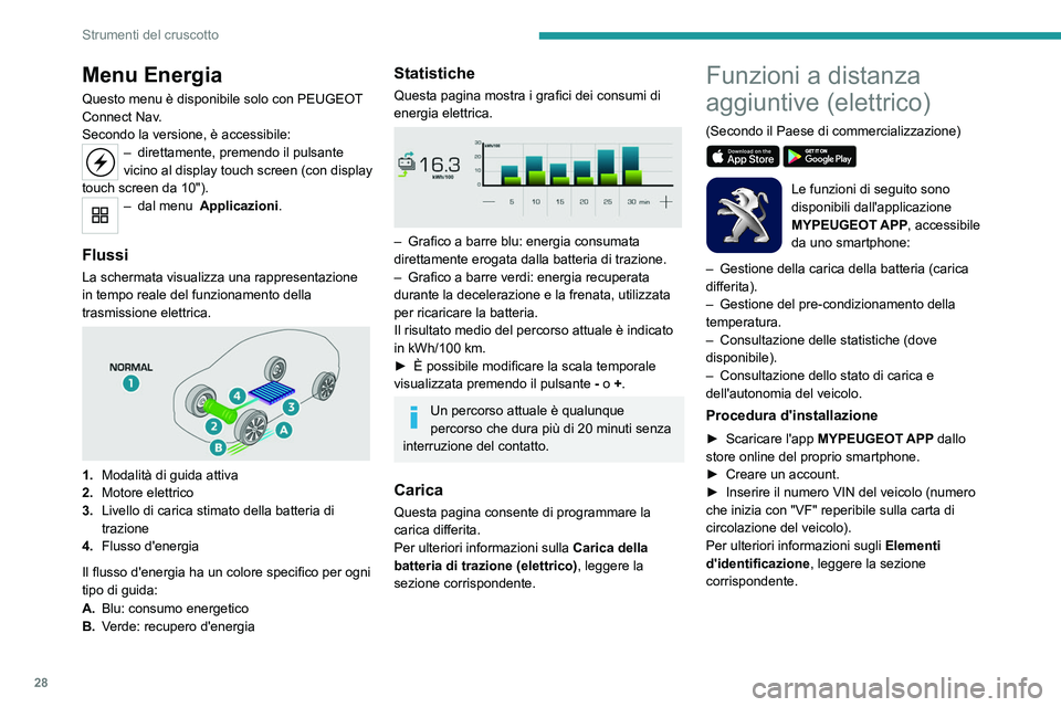 PEUGEOT 2008 2021  Manuale duso (in Italian) 28
Strumenti del cruscotto
Menu Energia
Questo menu è disponibile solo con PEUGEOT 
Connect Nav .
Secondo la versione, è accessibile:
– direttamen te, premendo il   pulsante 
vicino al display tou