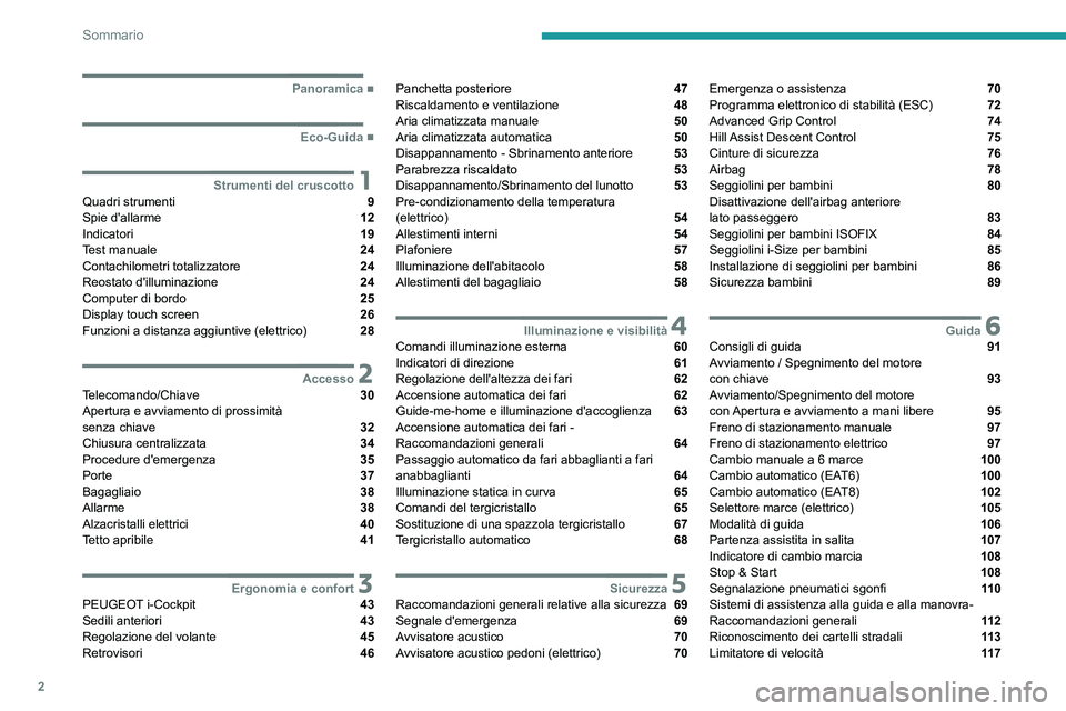 PEUGEOT 2008 2021  Manuale duso (in Italian) 2
Sommario
  ■
Panoramica
  ■
Eco-Guida
 1Strumenti del cruscottoQuadri strumenti  9
Spie d'allarme  12
Indicatori  19
Test manuale  24
Contachilometri totalizzatore  24
Reostato d'ill
