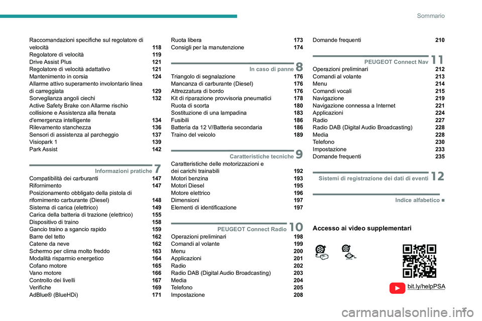PEUGEOT 2008 2021  Manuale duso (in Italian) 3
Sommario
  
  
 
 
 
 
Raccomandazioni specifiche sul regolatore di 
velocità  11 8
Regolatore di velocità  11 9
Drive Assist  Plus  121
Regolatore di velocità adattativo  121
Mantenimento in cor