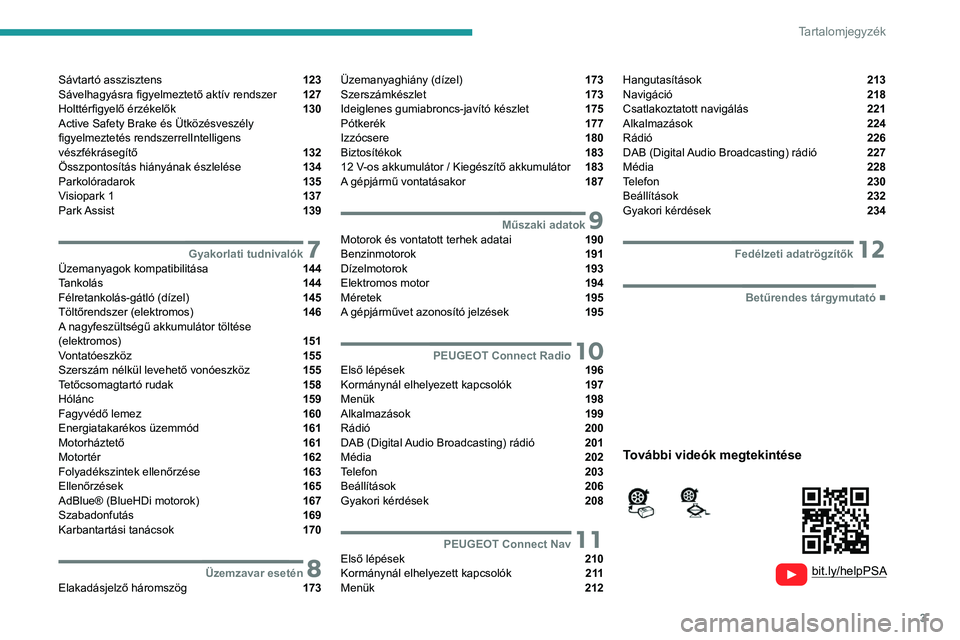 PEUGEOT 2008 2021  Kezelési útmutató (in Hungarian) 3
Tartalomjegyzék
  
  
 
 
 
 
Sávtartó asszisztens  123
Sávelhagyásra figyelmeztető aktív rendszer  127
Holttérfigyelő érzékelők  130
Active Safety Brake és Ütközésveszély 
figyelme