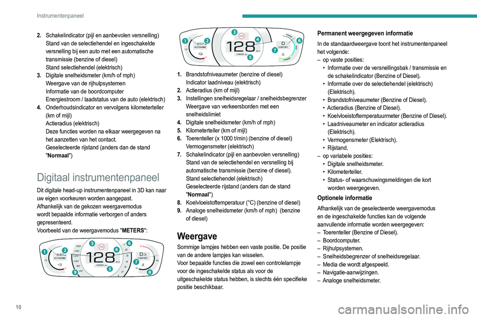 PEUGEOT 2008 2021 Instructieboekje (in Dutch) 10
Instrumentenpaneel
– Motorinformatie (G-meters, vermogensmeters, boost,
koppel) in de stand Sport.
– Energiestromen (Elektrisch).
Persoonlijke instellingen voor
het instrumentenpaneel
Afhank PEUGEOT 2008 2021 Instructieboekje (in Dutch) 10
Instrumentenpaneel
– Motorinformatie (G-meters, vermogensmeters, boost,
koppel) in de stand Sport.
– Energiestromen (Elektrisch).
Persoonlijke instellingen voor
het instrumentenpaneel
Afhank