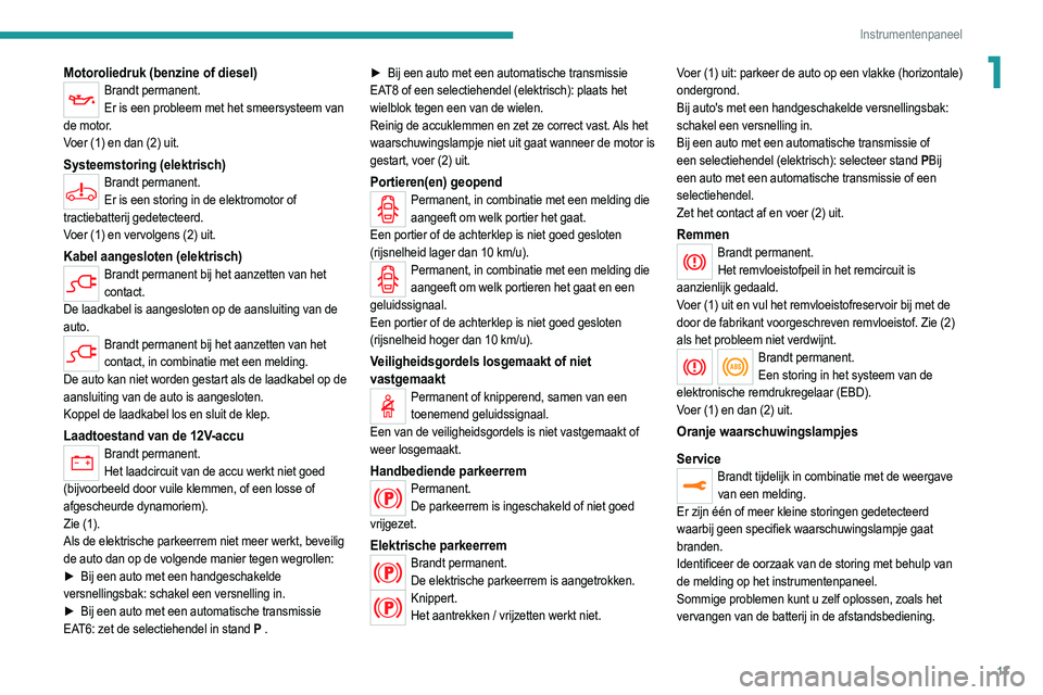 PEUGEOT 2008 2021 Instructieboekje (in Dutch) 13
Instrumentenpaneel
1Motoroliedruk (benzine of diesel)Brandt permanent.Er is een probleem met het smeersysteem van
de motor.
Voer (1) en dan (2) uit.
Systeemstoring (elektrisch)Brandt permanent. Er PEUGEOT 2008 2021 Instructieboekje (in Dutch) 13
Instrumentenpaneel
1Motoroliedruk (benzine of diesel)Brandt permanent.Er is een probleem met het smeersysteem van
de motor.
Voer (1) en dan (2) uit.
Systeemstoring (elektrisch)Brandt permanent. Er