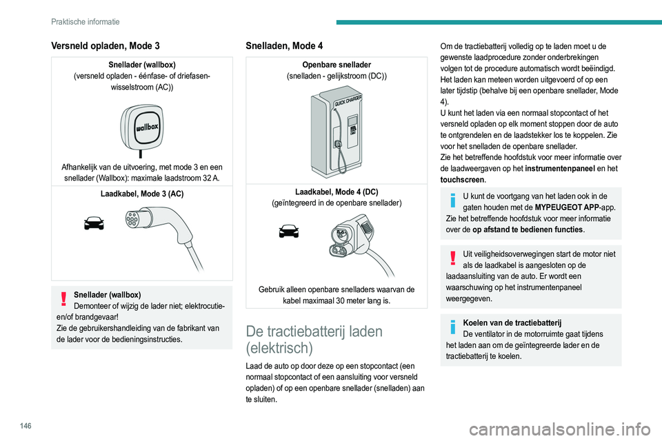 PEUGEOT 2008 2021 Instructieboekje (in Dutch) 146
Praktische informatie
Versneld opladen, Mode 3
Snellader (wallbox)
(versneld opladen - éénfase- of driefasen- wisselstroom (AC))
Afhankelijk van de uitvoering, met mode 3 en een snellader (W PEUGEOT 2008 2021 Instructieboekje (in Dutch) 146
Praktische informatie
Versneld opladen, Mode 3
Snellader (wallbox)
(versneld opladen - éénfase- of driefasen- wisselstroom (AC))
Afhankelijk van de uitvoering, met mode 3 en een snellader (W