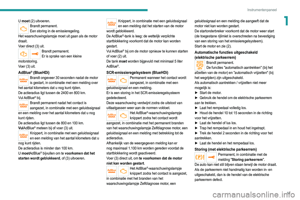 PEUGEOT 2008 2021 Instructieboekje (in Dutch) 15
Instrumentenpaneel
1U moet (2) uitvoeren.Brandt permanent.
Een storing in de emissieregeling.
Het waarschuwingslampje moet uit gaan als de motor
draait.
Voer direct (3) uit.
Brandt permanent. Er i PEUGEOT 2008 2021 Instructieboekje (in Dutch) 15
Instrumentenpaneel
1U moet (2) uitvoeren.Brandt permanent.
Een storing in de emissieregeling.
Het waarschuwingslampje moet uit gaan als de motor
draait.
Voer direct (3) uit.
Brandt permanent. Er i