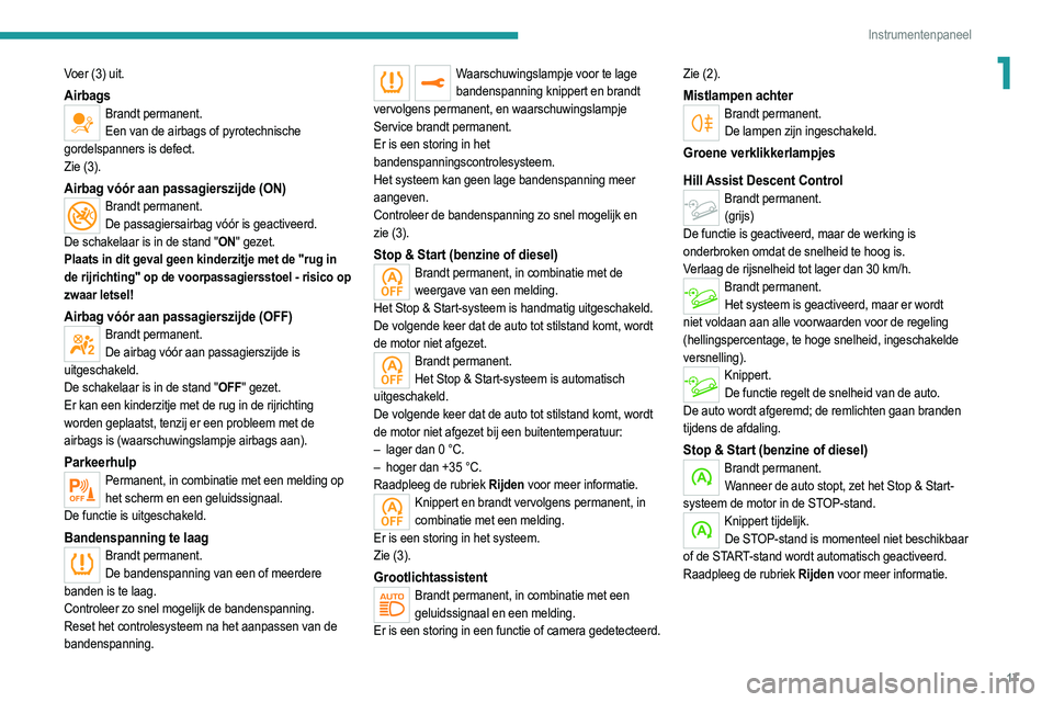 PEUGEOT 2008 2021 Instructieboekje (in Dutch) 17
Instrumentenpaneel
1Voer (3) uit.
AirbagsBrandt permanent.Een van de airbags of pyrotechnische
gordelspanners is defect.
Zie (3).
Airbag vóór aan passagierszijde (ON)Brandt permanent. De passagi PEUGEOT 2008 2021 Instructieboekje (in Dutch) 17
Instrumentenpaneel
1Voer (3) uit.
AirbagsBrandt permanent.Een van de airbags of pyrotechnische
gordelspanners is defect.
Zie (3).
Airbag vóór aan passagierszijde (ON)Brandt permanent. De passagi