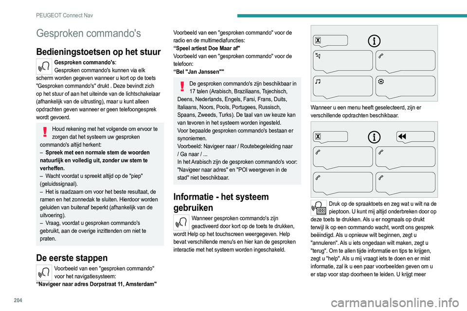 PEUGEOT 2008 2021 Instructieboekje (in Dutch) 204
PEUGEOT Connect Nav
informatie in "dialoogmodus beginner". U kunt de
dialoogmodus op "expert" zetten als u zich zeker voelt.
Algemene gesproken commando's
Gesproken commando PEUGEOT 2008 2021 Instructieboekje (in Dutch) 204
PEUGEOT Connect Nav
informatie in "dialoogmodus beginner". U kunt de
dialoogmodus op "expert" zetten als u zich zeker voelt.
Algemene gesproken commando's
Gesproken commando