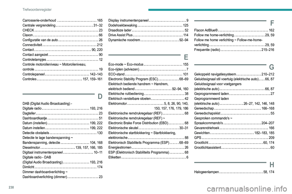 PEUGEOT 2008 2021  Instructieboekje (in Dutch) 230
Trefwoordenregister
Carrosserie-onderhoud     165
Centrale vergrendeling     
31–32
CHECK
    
23
Claxon
    
66
Configuratie van de auto
    
26
Connectiviteit
    
212
Contact
    
90, 220
Con