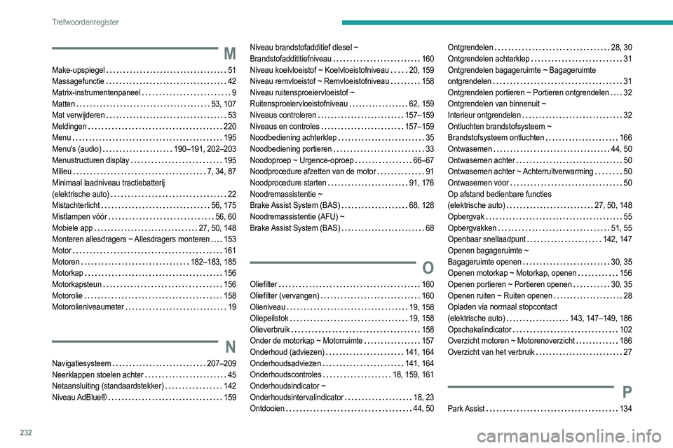 PEUGEOT 2008 2021  Instructieboekje (in Dutch) 232
Trefwoordenregister
M
Make-upspiegel     51
Massagefunctie     
42
Matrix-instrumentenpaneel
    
9
Matten
    
53, 107
Mat verwijderen
    
53
Meldingen
    
220
Menu
    
195
Menu's (audio)
