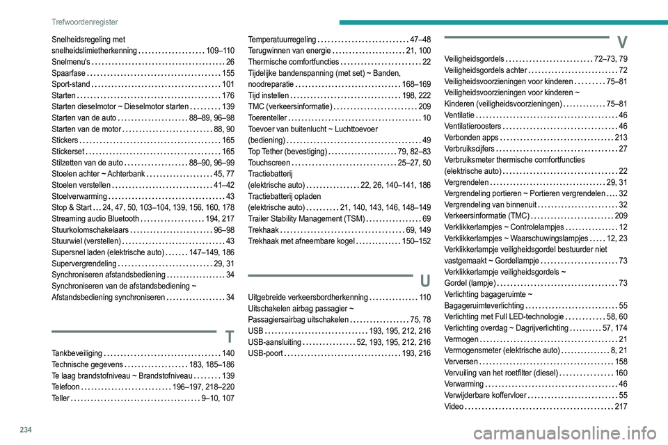 PEUGEOT 2008 2021  Instructieboekje (in Dutch) 234
Trefwoordenregister
Snelheidsregeling met  
snelheidslimietherkenning     
109–110
Snelmenu's
    
26
Spaarfase
    
155
Sport-stand
    
101
Starten
    
176
Starten dieselmotor ~ Dieselmot