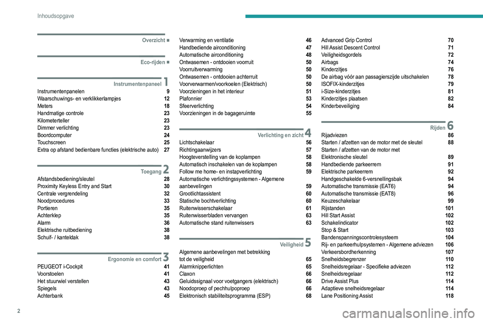 PEUGEOT 2008 2021  Instructieboekje (in Dutch) 2
Inhoudsopgave
  ■
Overzicht
  ■
Eco-rijden
 1InstrumentenpaneelInstrumentenpanelen  9
Waarschuwings- en verklikkerlampjes  12
Meters  18
Handmatige controle  23
Kilometerteller  23
Dimmer ve