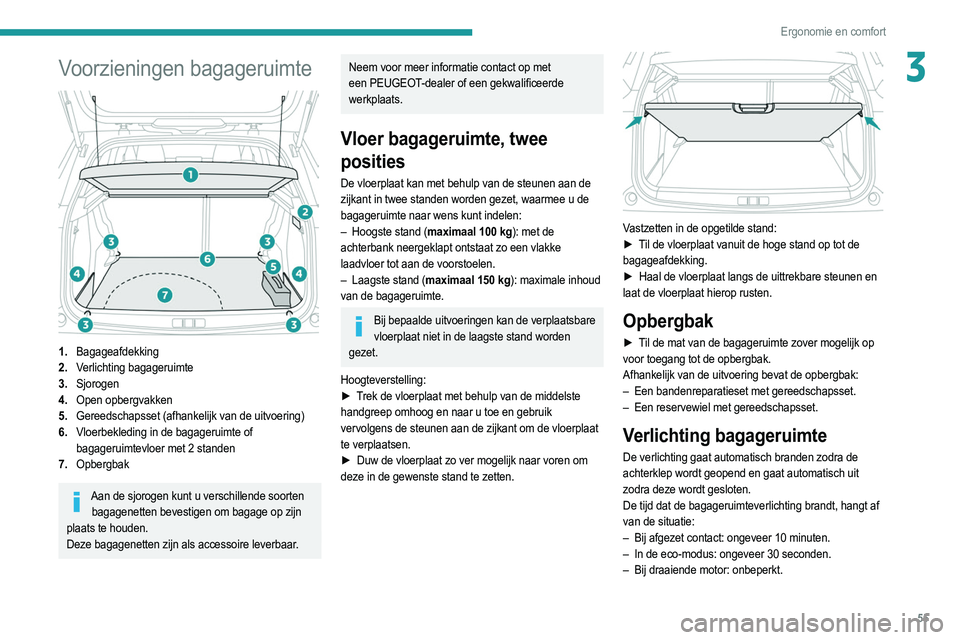 PEUGEOT 2008 2021  Instructieboekje (in Dutch) 55
Ergonomie en comfort
3Voorzieningen bagageruimte 
 
1.Bagageafdekking
2. Verlichting bagageruimte
3. Sjorogen
4. Open opbergvakken
5. Gereedschapsset (afhankelijk van de uitvoering)
6. Vloerbekledi