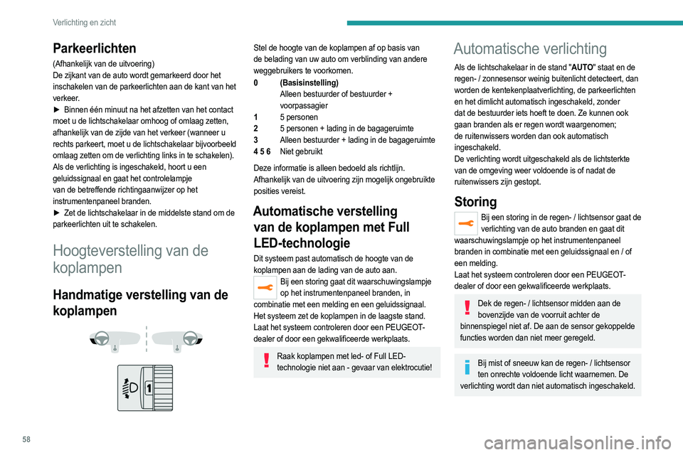 PEUGEOT 2008 2021  Instructieboekje (in Dutch) 58
Verlichting en zicht
Parkeerlichten
(Afhankelijk van de uitvoering)
De zijkant van de auto wordt gemarkeerd door het 
inschakelen van de parkeerlichten aan de kant van het 
verkeer.
► 
Binnen é