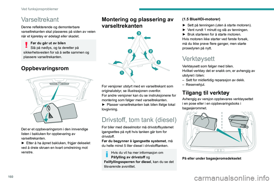 PEUGEOT 2008 2021  Instruksjoner for bruk (in Norwegian) 160
Ved funksjonsproblemer
Varseltrekant
Denne reflekterende og demonterbare 
varseltrekanten skal plasseres på siden av veien 
når et kjøretøy er ødelagt eller skadet.
Før du går ut av bilen
S