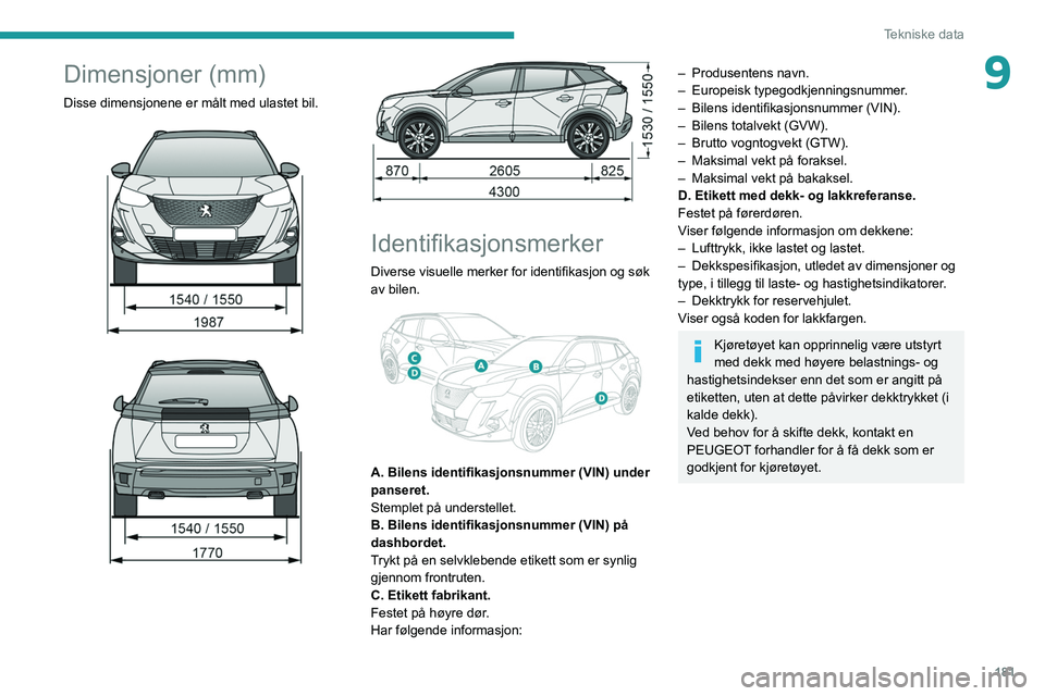 PEUGEOT 2008 2021 Instruksjoner for bruk (in Norwegian) 181
Tekniske data
9Dimensjoner (mm)
Disse dimensjonene er målt med ulastet bil.
Identifikasjonsmerker
Diverse visuelle merker for identifikasjon og søk
av bilen.
A. Bilens identifika PEUGEOT 2008 2021 Instruksjoner for bruk (in Norwegian) 181
Tekniske data
9Dimensjoner (mm)
Disse dimensjonene er målt med ulastet bil.
Identifikasjonsmerker
Diverse visuelle merker for identifikasjon og søk
av bilen.
A. Bilens identifika