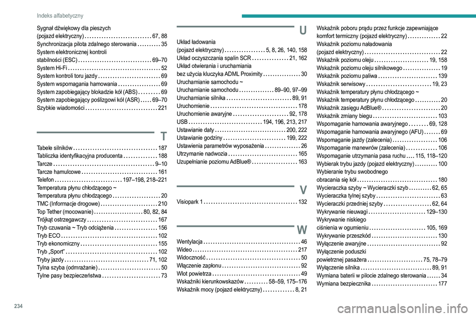 PEUGEOT 2008 2021 Instrukcja obsługi (in Polish) 234
Indeks alfabetyczny
Sygnał dźwiękowy dla pieszych
(pojazd elektryczny)
67, 88
Synchronizacja pilota zdalnego sterowania
35
System elektronicznej kontroli
stabilności (ESC)
6 PEUGEOT 2008 2021 Instrukcja obsługi (in Polish) 234
Indeks alfabetyczny
Sygnał dźwiękowy dla pieszych
(pojazd elektryczny)
67, 88
Synchronizacja pilota zdalnego sterowania
35
System elektronicznej kontroli
stabilności (ESC)
6