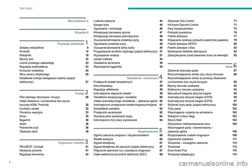 PEUGEOT 2008 2021  Instrukcja obsługi (in Polish) 2
Spis treści
  ■
Wprowadzenie
  ■
Ekojazda
 1Przyrządy pokładoweZestawy wskaźników  9
Kontrolki  12
Wskaźniki  19
Ręczny test  23
Licznik przebiegu całkowitego  23
Regulacja podświet