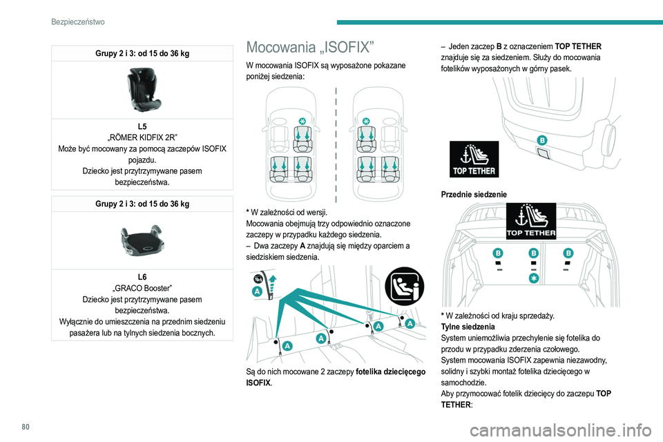 PEUGEOT 2008 2021  Instrukcja obsługi (in Polish) 80
Bezpieczeństwo
Grupy 2 i 3: od 15 do 36 kg 
 
L5
„RÖMER KIDFIX 2R”
Może być mocowany za pomocą zaczepów ISOFIX  pojazdu.
Dziecko jest przytrzymywane pasem  bezpieczeństwa.
Grupy 2 i 3: o