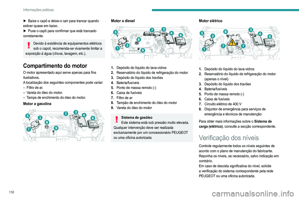 PEUGEOT 2008 2021  Manual de utilização (in Portuguese) 158
Informações práticas
Os líquidos devem estar em conformidade com requisitos do fabricante e o motor do 
veículo.
Tenha atenção durante as intervenções sob o  capot, uma vez que determinad