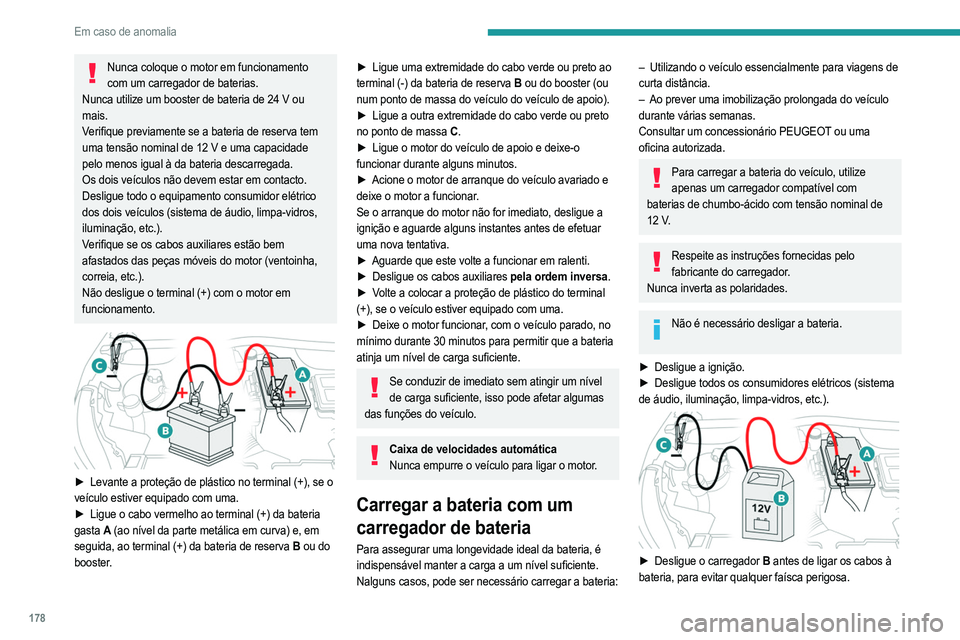 PEUGEOT 2008 2021  Manual de utilização (in Portuguese) 178
Em caso de anomalia
► Verifique se os cabos do carregador estão em bom 
estado.
►  Levante a proteção de plástico no terminal (+), se o 
veículo estiver equipado com uma.
►  Ligue os ca