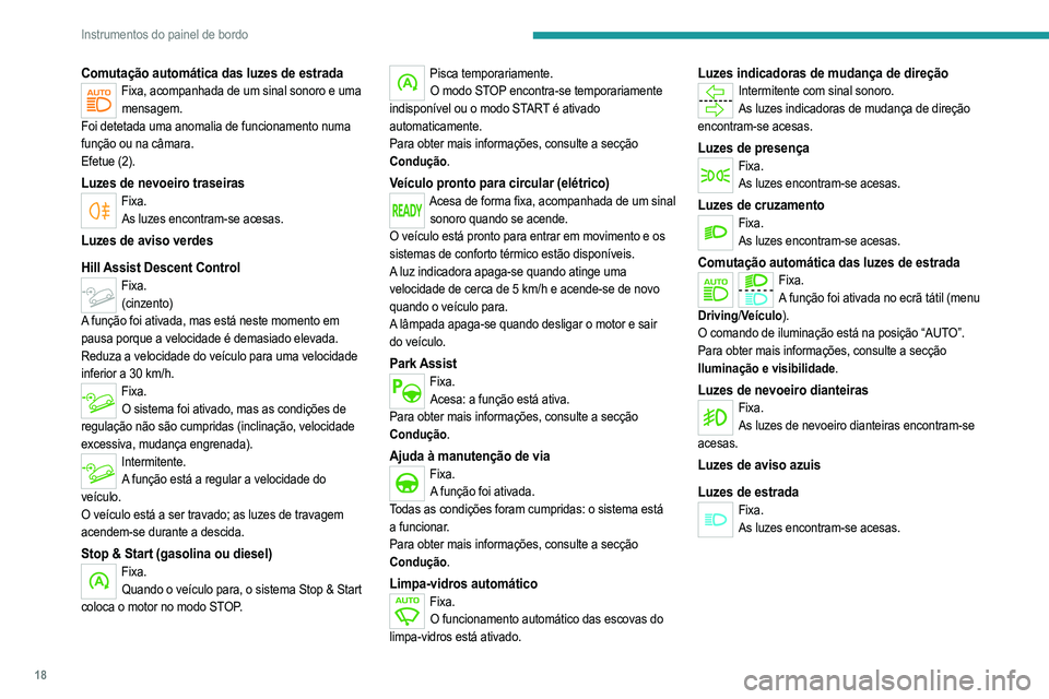 PEUGEOT 2008 2021 Manual de utilização (in Portuguese) 18
Instrumentos do painel de bordo
Comutação automática das luzes de estradaFixa, acompanhada de um sinal sonoro e uma mensagem.
Foi detetada uma anomalia de funcionamento numa
função ou na câm PEUGEOT 2008 2021 Manual de utilização (in Portuguese) 18
Instrumentos do painel de bordo
Comutação automática das luzes de estradaFixa, acompanhada de um sinal sonoro e uma mensagem.
Foi detetada uma anomalia de funcionamento numa
função ou na câm