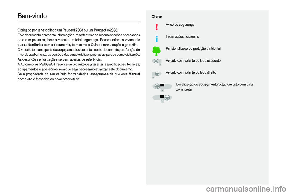 PEUGEOT 2008 2021  Manual de utilização (in Portuguese)   
 
 
 
  
   
   
 
  
 
  
 
 
   
 
 
   
 
 
  
Bem-vindo
Obrigado por ter escolhido um Peugeot 2008 ou um Peugeot e-2008.
Este documento apresenta informações importantes e as recomendaç\
õe