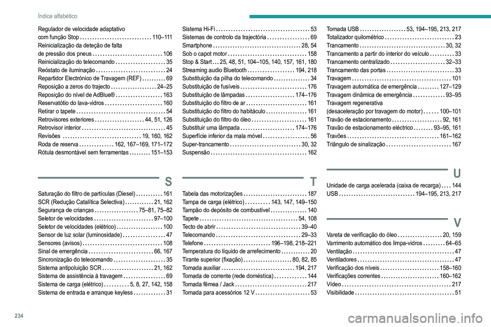 PEUGEOT 2008 2021  Manual de utilização (in Portuguese) 234
Índice alfabético
Regulador de velocidade adaptativo  
com função Stop     
11 0 – 111
Reinicialização da deteção de falta   
de pressão dos pneus
    
106
Reinicialização do telecoma