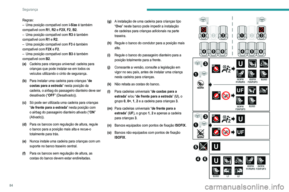 PEUGEOT 2008 2021  Manual de utilização (in Portuguese) 84
Segurança
Regras:
– Uma posição compatível com  i-Size é também 
compatível com R1,  R2 e F2X, F2, B2.
–
 
Uma posição compatível com 
 R3 é também 
compatível com R1 e R2.
–
 
U