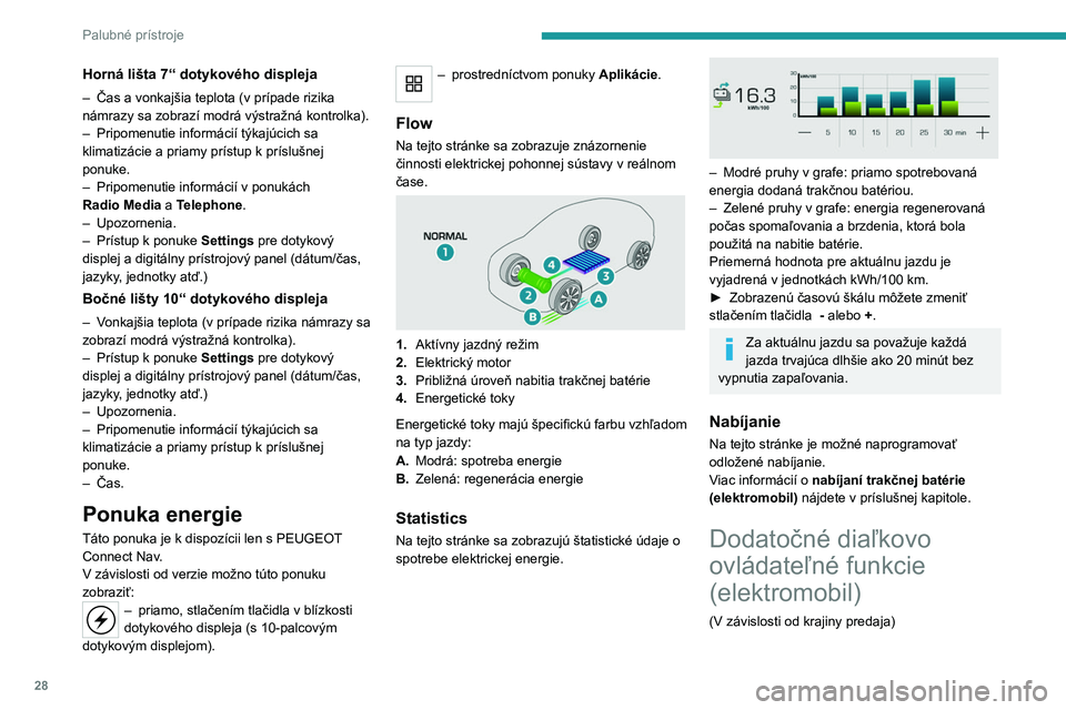PEUGEOT 2008 2021 Návod na použitie (in Slovakian) 28
Palubné prístroje
Nasledujúce funkcie sú dostupné
prostredníctvom aplikácie
MYPEUGEOT APP, ktorá je
prístupná prostredníctvom
smartfónu:
– Riadenie nabíjania batérie (odlože PEUGEOT 2008 2021 Návod na použitie (in Slovakian) 28
Palubné prístroje
Nasledujúce funkcie sú dostupné
prostredníctvom aplikácie
MYPEUGEOT APP, ktorá je
prístupná prostredníctvom
smartfónu:
– Riadenie nabíjania batérie (odlože