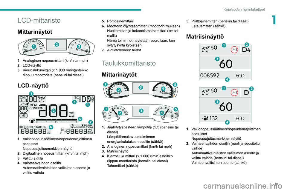 PEUGEOT 2008 2021  Omistajan Käsikirja (in Finnish) 9
Kojelaudan hallintalaitteet
1LCD-mittaristo
Mittarinäytöt 
 
1.Analoginen nopeusmittari (km/h tai mph)
2. LCD-näyttö
3. Kierroslukumittari (x 1
  000 r/min)asteikko 
riippuu moottorista (bensiin