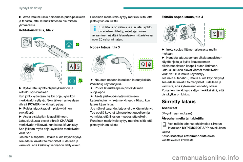PEUGEOT 2008 2021  Omistajan Käsikirja (in Finnish) 148
Hyödyllisiä tietoja
►  Avaa latausluukku painamalla push-painiketta ja tarkista, ettei latausliittimessä ole mitään 
ylimääräistä.
Kotitalouslataus, tila 2 
 
 
 
►  Kytke