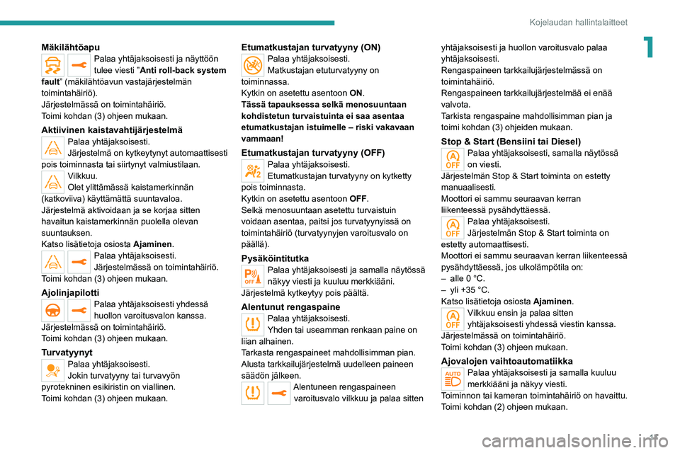 PEUGEOT 2008 2021  Omistajan Käsikirja (in Finnish) 17
Kojelaudan hallintalaitteet
1MäkilähtöapuPalaa yhtäjaksoisesti ja näyttöön 
tulee viesti ”Anti roll-back system 
fault” (mäkilähtöavun vastajärjestelmän 
toimintahäiriö).
Järjest