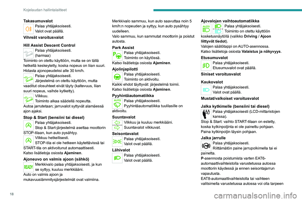 PEUGEOT 2008 2021  Omistajan Käsikirja (in Finnish) 18
Kojelaudan hallintalaitteet
vapauttaa jarrupoljin vaihteiston lukituksen 
vapauttamiseksi N-tilasta.
Tämä varoitusvalo palaa edelleen, jos 
seisontajarru yritetään vapauttaa ilman 
jarrupolkime