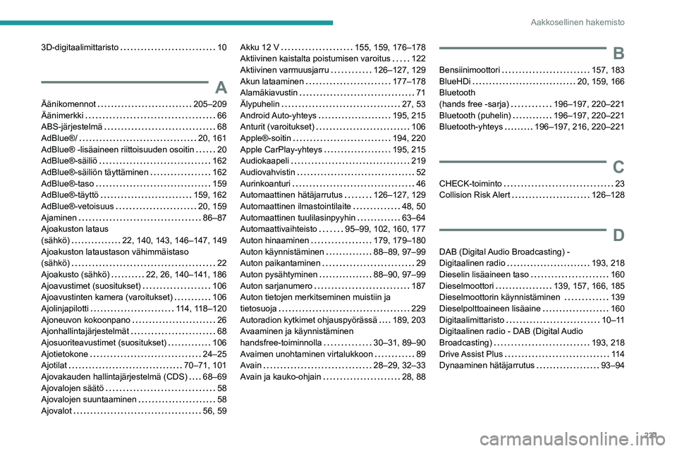 PEUGEOT 2008 2021  Omistajan Käsikirja (in Finnish) 231
Aakkosellinen hakemisto
3D-digitaalimittaristo     10
A
Äänikomennot     205–209
Äänimerkki     
66
ABS-järjestelmä
    
68
AdBlue®/
    
20, 161
AdBlue® -lisäaineen riittoisuuden osoit