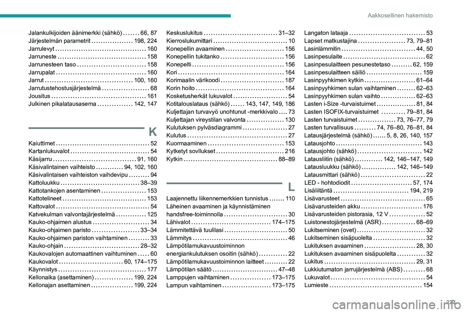 PEUGEOT 2008 2021  Omistajan Käsikirja (in Finnish) 233
Aakkosellinen hakemisto
Jalankulkijoiden äänimerkki (sähkö)     66, 87
Järjestelmän parametrit     
198, 224
Jarrulevyt
    
160
Jarruneste
    
158
Jarrunesteen taso
    
158
Jarrupalat
   
