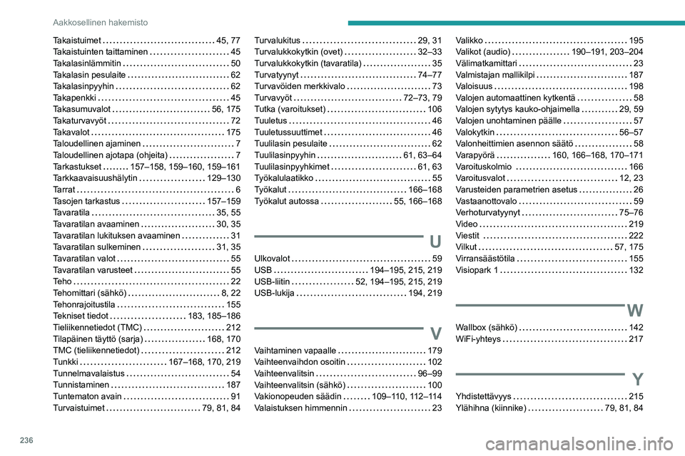 PEUGEOT 2008 2021  Omistajan Käsikirja (in Finnish) 236
Aakkosellinen hakemisto
Takaistuimet    45, 77
Takaistuinten taittaminen     
45
Takalasinlämmitin
    
50
Takalasin pesulaite
    
62
Takalasinpyyhin
    
62
Takapenkki
    
45
Takasumuvalot
   