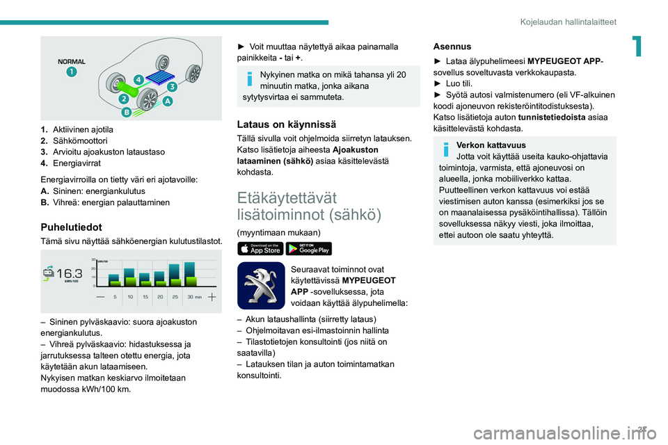 PEUGEOT 2008 2021 Omistajan Käsikirja (in Finnish) 27
Kojelaudan hallintalaitteet
1
1.Aktiivinen ajotila
2. Sähkömoottori
3. Arvioitu ajoakuston lataustaso
4. Energiavirrat
Energiavirroilla on tietty väri eri ajotavoille:
A. Sininen: energiankulu PEUGEOT 2008 2021 Omistajan Käsikirja (in Finnish) 27
Kojelaudan hallintalaitteet
1
1.Aktiivinen ajotila
2. Sähkömoottori
3. Arvioitu ajoakuston lataustaso
4. Energiavirrat
Energiavirroilla on tietty väri eri ajotavoille:
A. Sininen: energiankulu