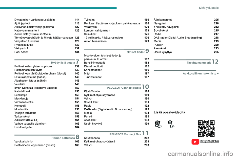 PEUGEOT 2008 2021  Omistajan Käsikirja (in Finnish) 3
Sisällysluettelo
  
  
 
 
 
 
Dynaaminen vakionopeussäädin  11 4
Ajolinjapilotti  11 8
Aktiivinen kaistavahtijärjestelmä  122
Katvekulman anturit  125
Active Safety Brake kohteella  
Törmäys