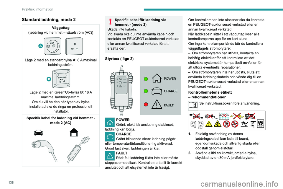 PEUGEOT 2008 2021 Bruksanvisningar (in Swedish) 138
Praktisk information
Standardladdning, mode 2
Vägguttag
(laddning vid hemmet – växelström (AC))
Läge 2 med en standardhylsa A: 8 A maximal
laddningsström.
Läge 2 med en Green’U PEUGEOT 2008 2021 Bruksanvisningar (in Swedish) 138
Praktisk information
Standardladdning, mode 2
Vägguttag
(laddning vid hemmet – växelström (AC))
Läge 2 med en standardhylsa A: 8 A maximal
laddningsström.
Läge 2 med en Green’U