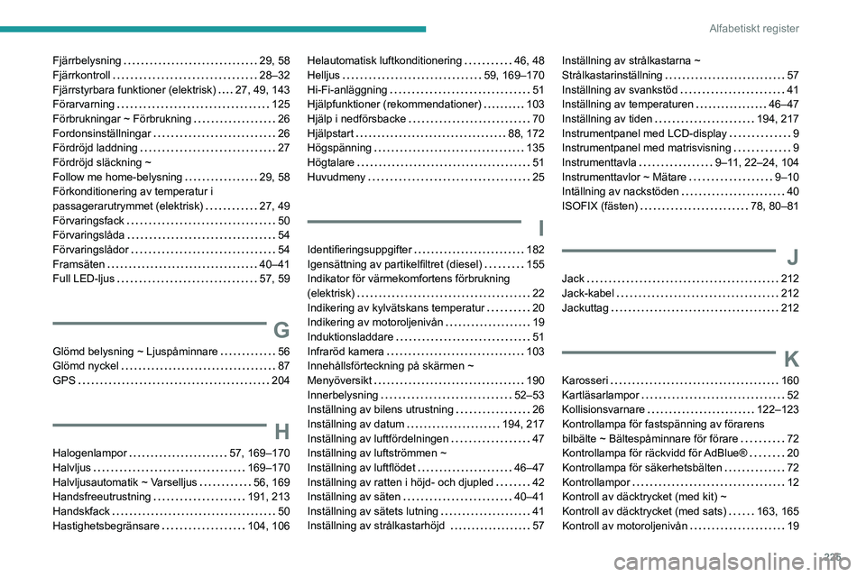 PEUGEOT 2008 2021 Bruksanvisningar (in Swedish) 225
Alfabetiskt register
Fjärrbelysning 29, 58
Fjärrkontroll
28–32
Fjärrstyrbara funktioner (elektrisk)
27, 49, 143
Förarvarning
125
Förbrukningar ~ Förbrukning
26
Ford PEUGEOT 2008 2021 Bruksanvisningar (in Swedish) 225
Alfabetiskt register
Fjärrbelysning 29, 58
Fjärrkontroll
28–32
Fjärrstyrbara funktioner (elektrisk)
27, 49, 143
Förarvarning
125
Förbrukningar ~ Förbrukning
26
Ford