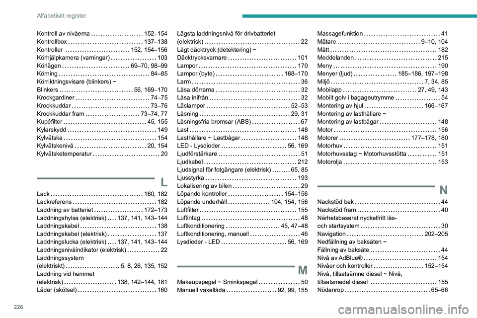 PEUGEOT 2008 2021 Bruksanvisningar (in Swedish) 226
Alfabetiskt register
Kontroll av nivåerna 152–154
Kontrollbox
137–138
Kontroller
152, 154–156
Körhjälpkamera (varningar)
103
Körlägen
69–70, 98–99
Körning
PEUGEOT 2008 2021 Bruksanvisningar (in Swedish) 226
Alfabetiskt register
Kontroll av nivåerna 152–154
Kontrollbox
137–138
Kontroller
152, 154–156
Körhjälpkamera (varningar)
103
Körlägen
69–70, 98–99
Körning