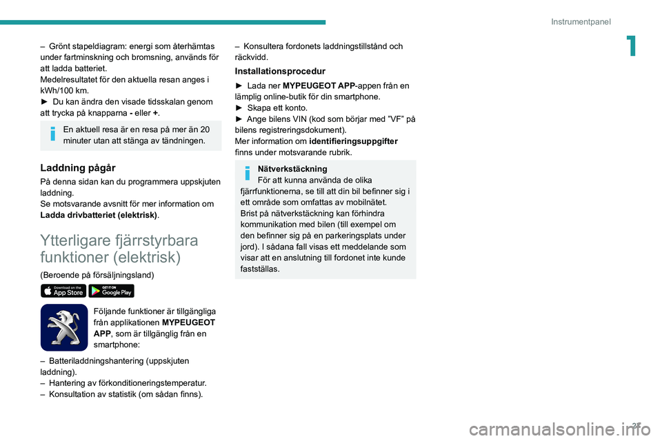 PEUGEOT 2008 2021 Bruksanvisningar (in Swedish) 27
Instrumentpanel
1– Grönt stapeldiagram: energi som återhämtas
under fartminskning och bromsning, används för
att ladda batteriet.
Medelresultatet för den aktuella resan anges i
kWh/100 k PEUGEOT 2008 2021 Bruksanvisningar (in Swedish) 27
Instrumentpanel
1– Grönt stapeldiagram: energi som återhämtas
under fartminskning och bromsning, används för
att ladda batteriet.
Medelresultatet för den aktuella resan anges i
kWh/100 k