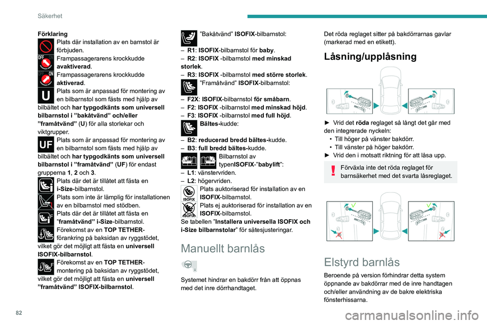 PEUGEOT 2008 2021 Bruksanvisningar (in Swedish) 82
Säkerhet
FörklaringPlats där installation av en barnstol är
förbjuden.
Frampassagerarens krockkudde
avaktiverad.
Frampassagerarens krockkudde
aktiverad.
Plats som är anpassad för monterin PEUGEOT 2008 2021 Bruksanvisningar (in Swedish) 82
Säkerhet
FörklaringPlats där installation av en barnstol är
förbjuden.
Frampassagerarens krockkudde
avaktiverad.
Frampassagerarens krockkudde
aktiverad.
Plats som är anpassad för monterin